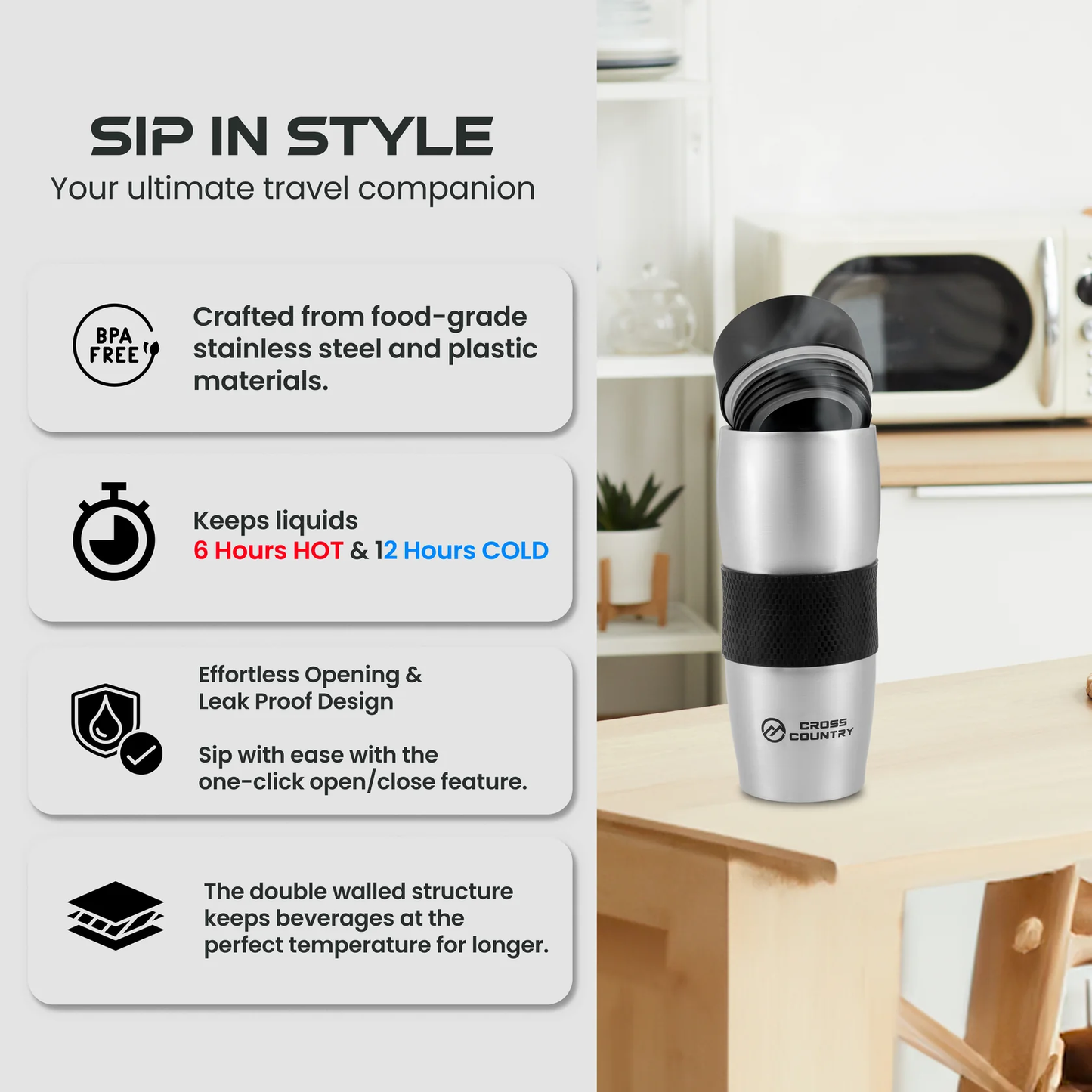 Cross Country 380ml Stainless Steel Travel Coffee Mug – Leakproof, Insulated Cup for Hot & Cold Drinks, Commuter Cup