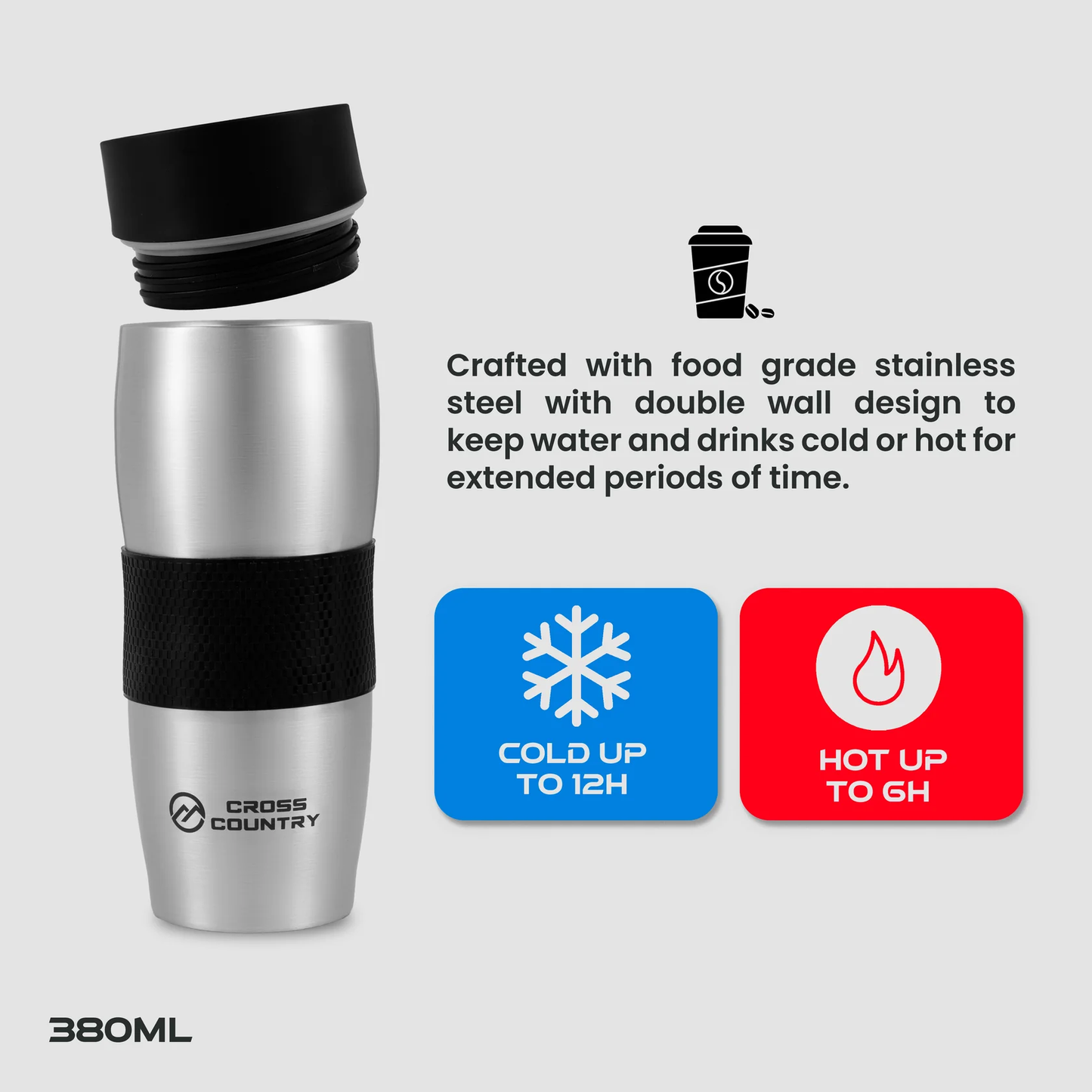 Cross Country 380ml Stainless Steel Travel Coffee Mug – Leakproof, Insulated Cup for Hot & Cold Drinks, Commuter Cup