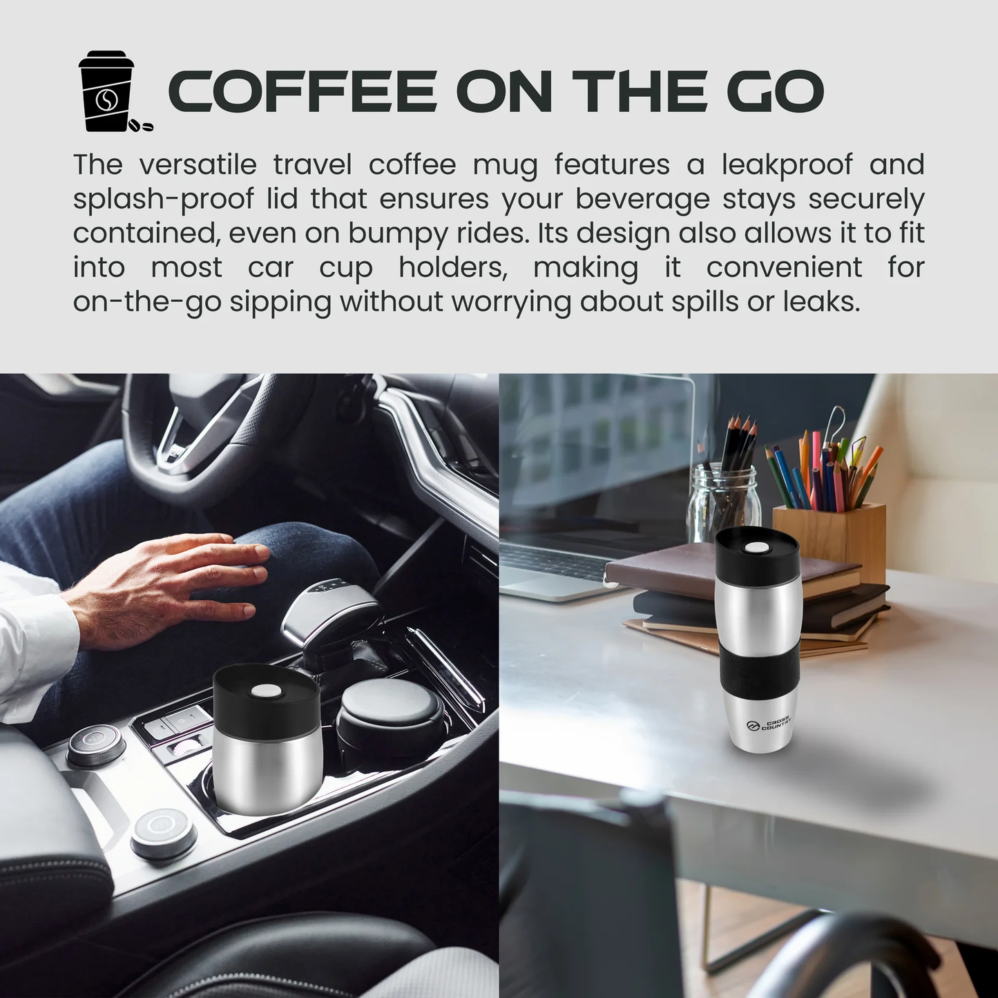 Cross Country 380ml Stainless Steel Travel Coffee Mug – Leakproof, Insulated Cup for Hot & Cold Drinks, Commuter Cup