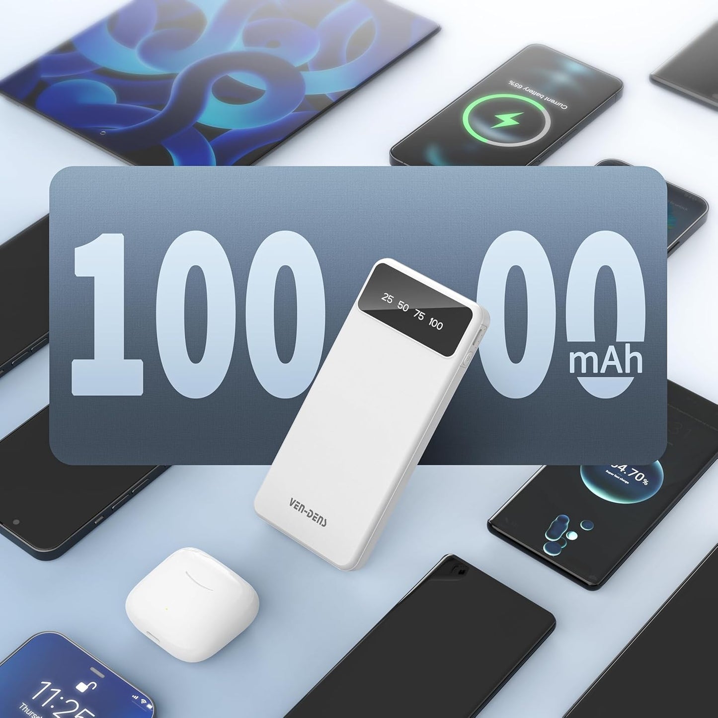 10,000 mAh 3-in-1 Power Bank – Built-In Cables (Lightning, USB-C, Micro-USB), LED Display