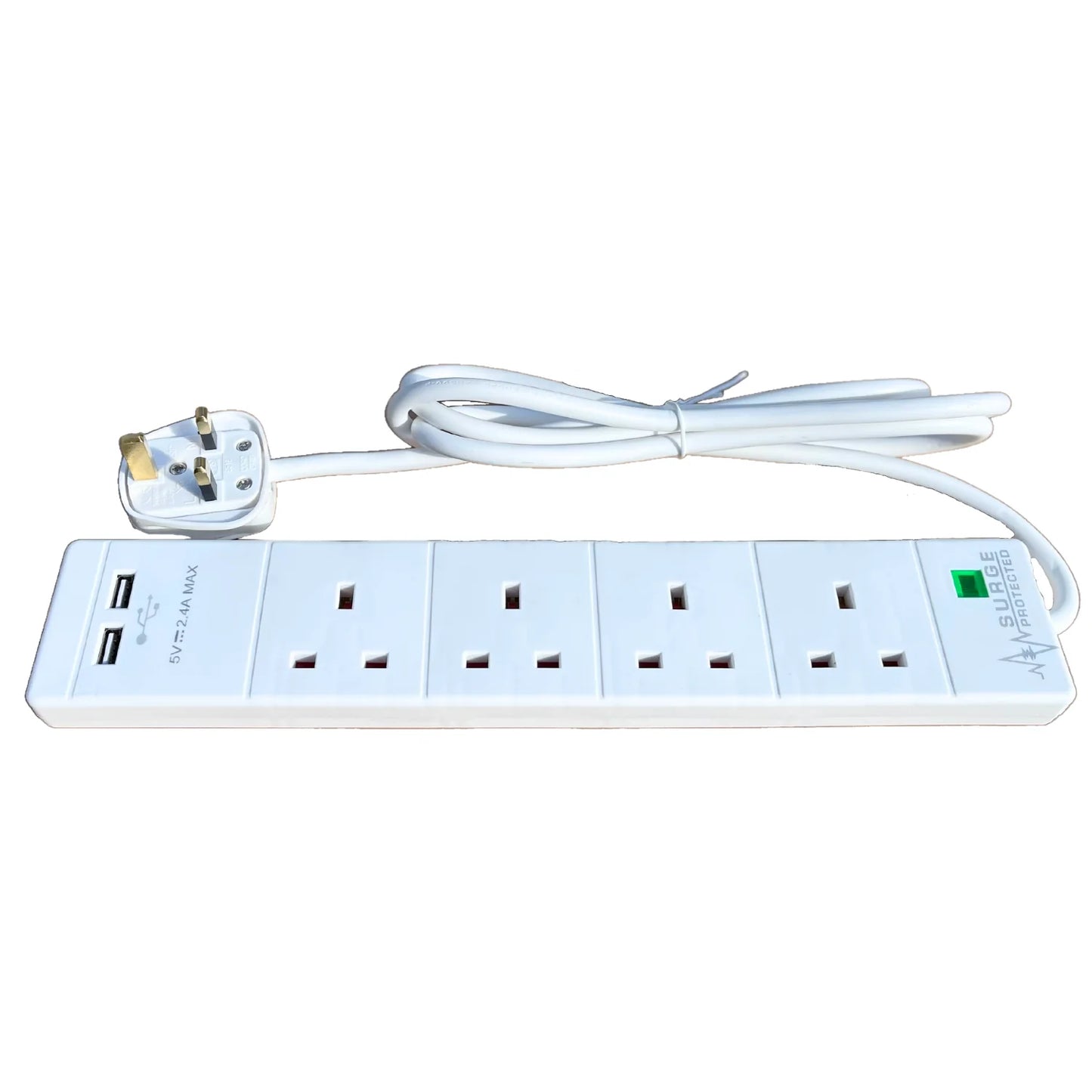 Status 4 Way 2 Metre Extension Surge Lead with 2 USB Ports - Power Strip Surge Protector, 2 Meter Cord Length, USB Charging, 4 Outlets.