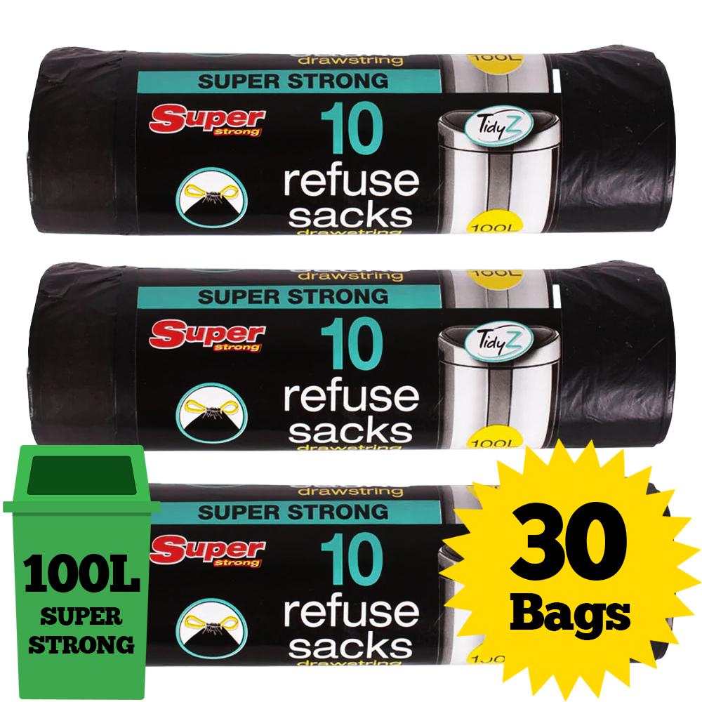 Tidyz 30 Super Strong 100L Refuse Sacks with Drawstring Closure Bin Bags 10 x 3 pack