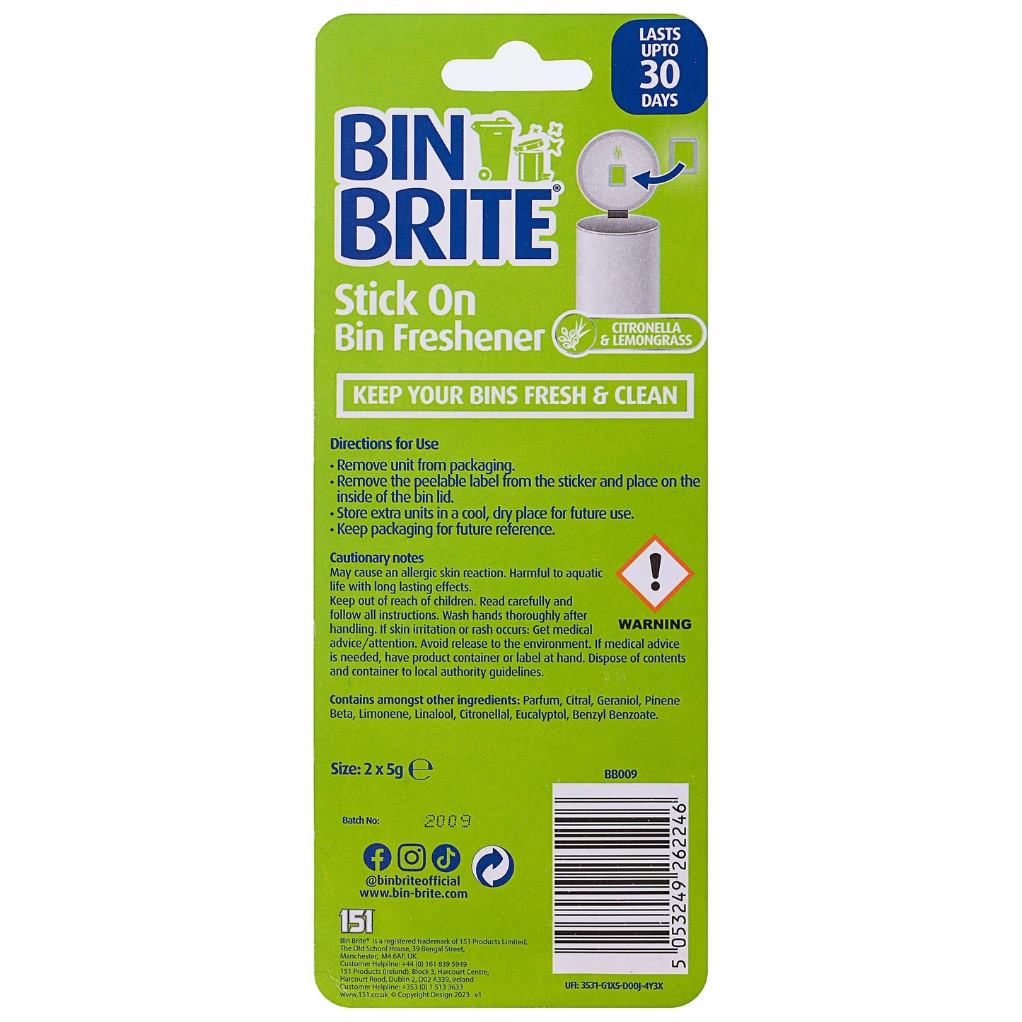 Stick-On Bin Fresheners - Citron Lemongrass Scent - 2 Pack