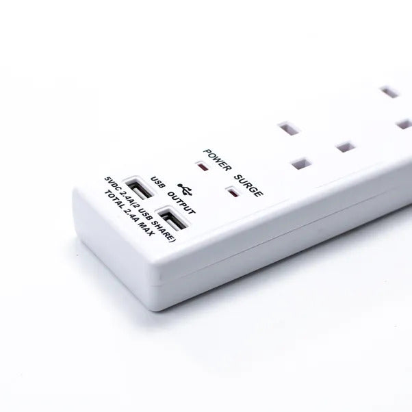 Status 4 Way 2 Metre Extension Surge Lead with 2 USB Ports - Power Strip Surge Protector, 2 Meter Cord Length, USB Charging, 4 Outlets.