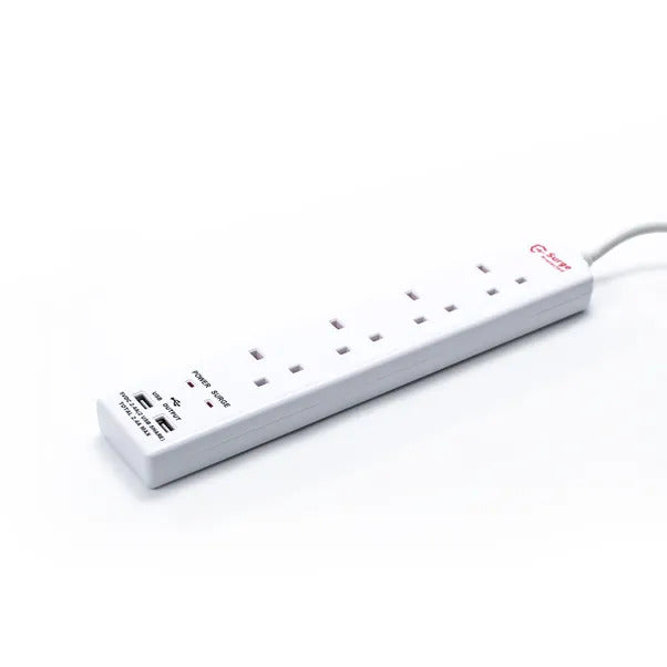 Status 4 Way 2 Metre Extension Surge Lead with 2 USB Ports - Power Strip Surge Protector, 2 Meter Cord Length, USB Charging, 4 Outlets.
