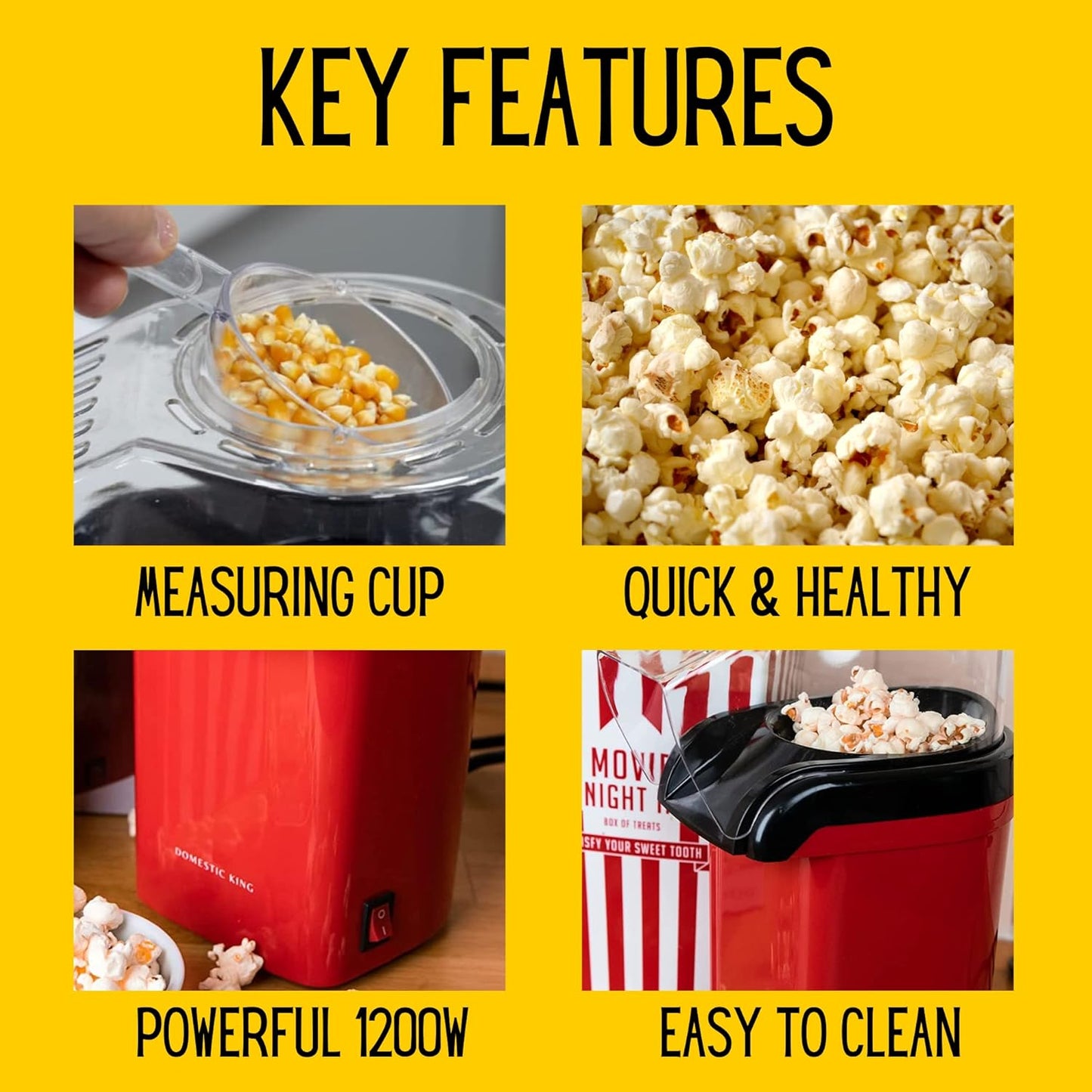 1200W Hot-Air Popcorn Maker – Healthy Oil-Free Snacking with Measuring Cup