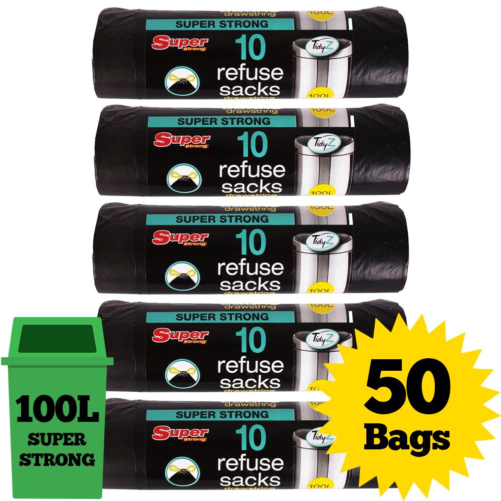 Tidyz 50 x 100L Refuse Sacks with Drawstring Closure Bin Bags