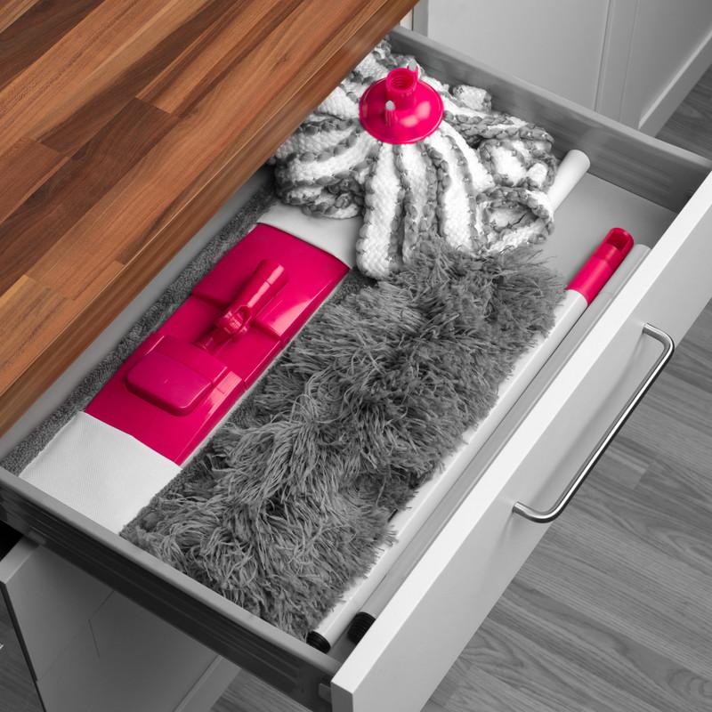 Kleeneze 4-Piece Cleaning Set with Flat Mop, Microfibre Duster, Mop Head and Interchangeable Handle - Grey/Pink