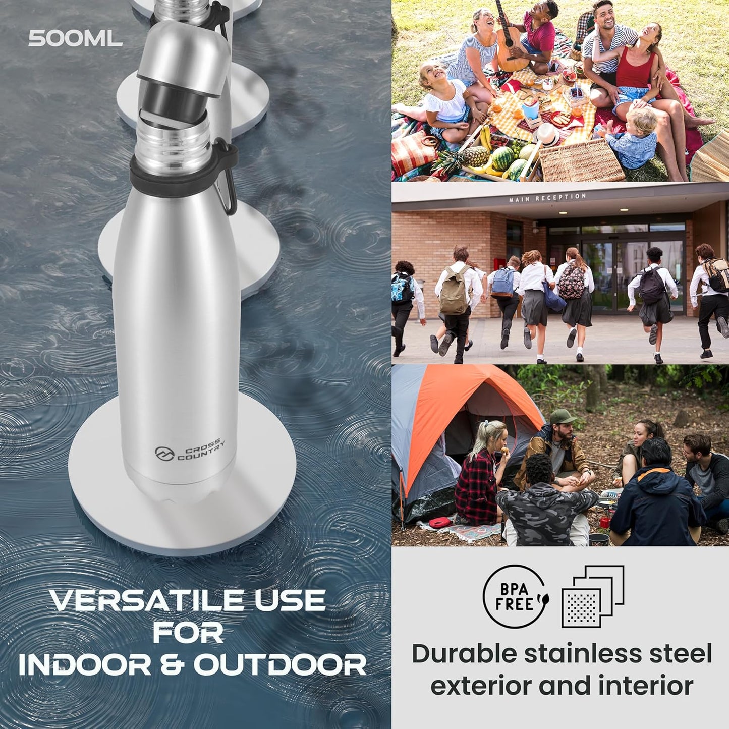 CROSS COUNTRY Insulated Vacuum Bottle 500ml - Leak Proof, Double Wall Insulation, Sweat Free - Bottled, Drinkware, Stainless Steel Water Bottle