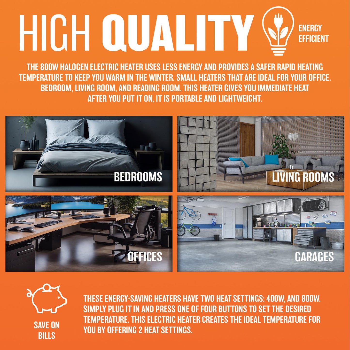 800W Quartz Infrared Heater – 2 Heat Settings, Portable Design