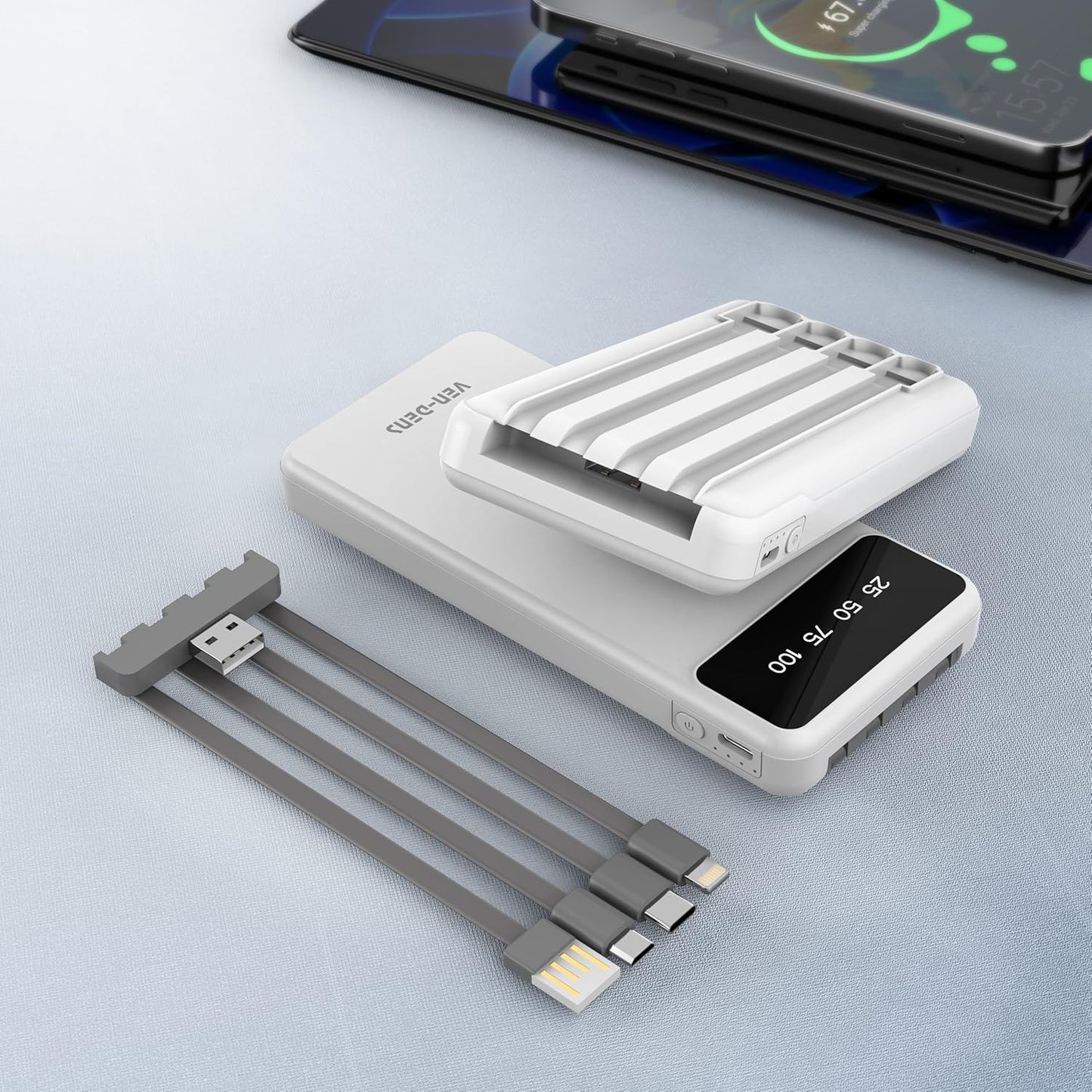 10,000 mAh 3-in-1 Power Bank – Built-In Cables (Lightning, USB-C, Micro-USB), LED Display