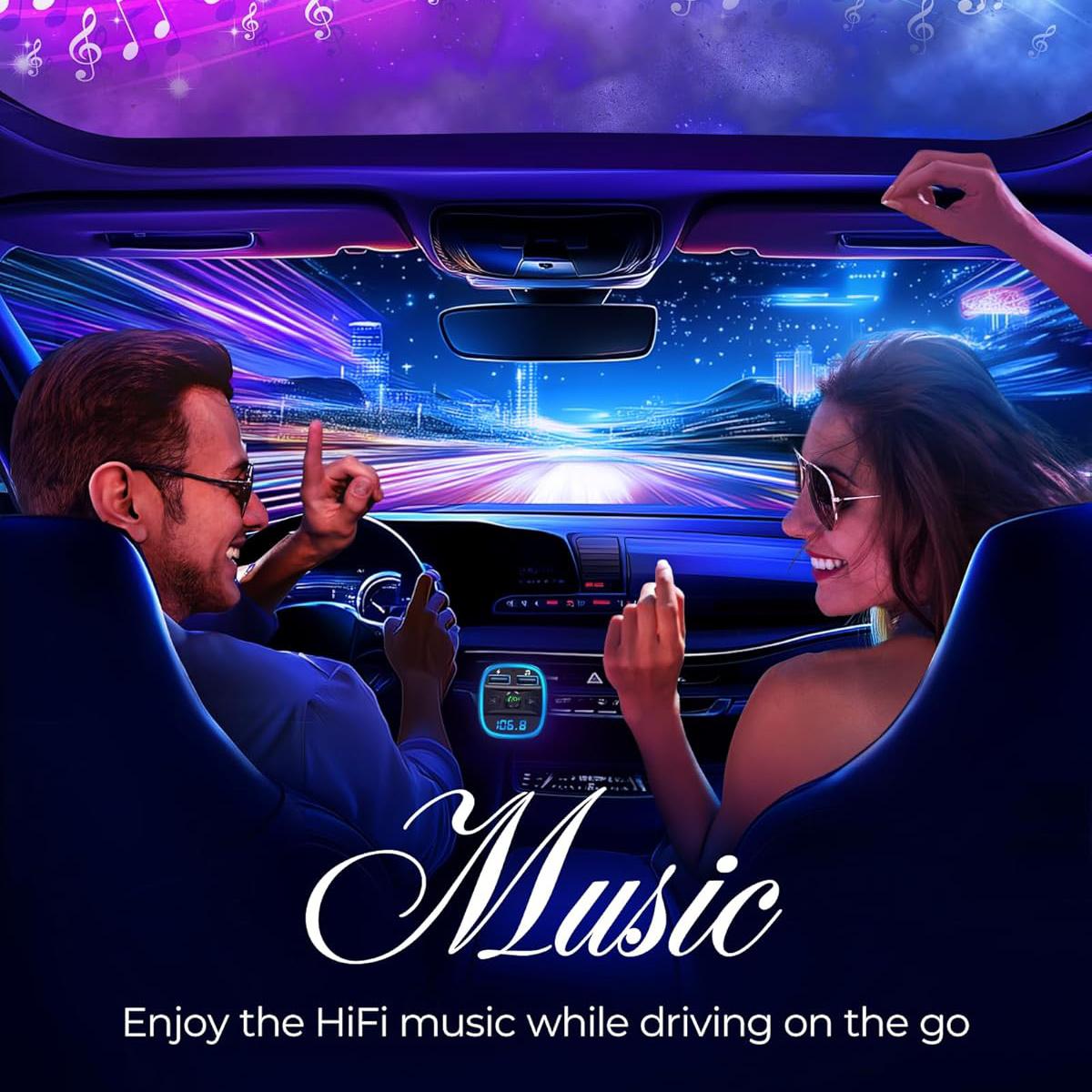 Bluetooth 5.0 FM Car Adaptor – Fast USB Charging, Hands-Free Calls, RGB Lights