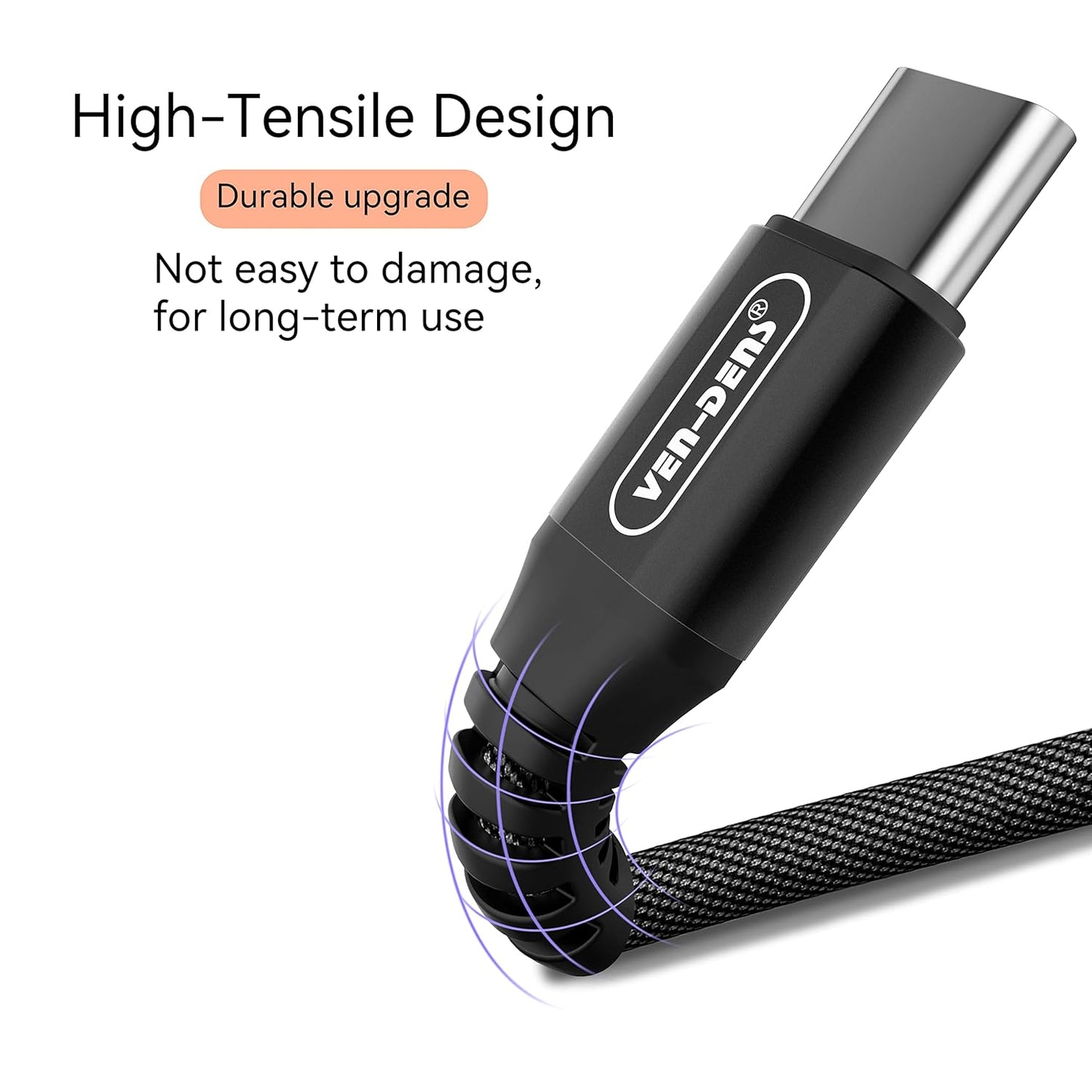 Black Fast-Charge Cables – USB-C, Lightning & Type-C, 1-Year Warranty
