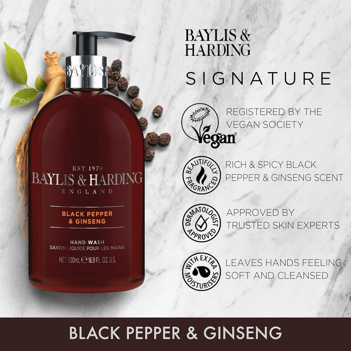 Baylis & Harding Black Pepper & Ginseng Hand Wash 500ml - Moisturizing and Gentle Cleansing