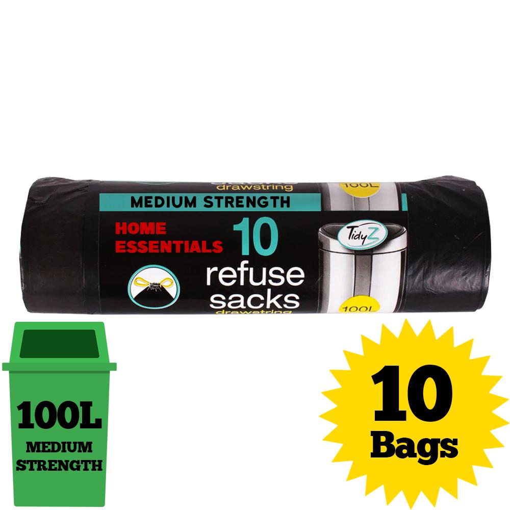 Tidyz 10 x 100L Refuse Sacks Medium Strength and Extra Strong with Drawstring Closure Bin Bags