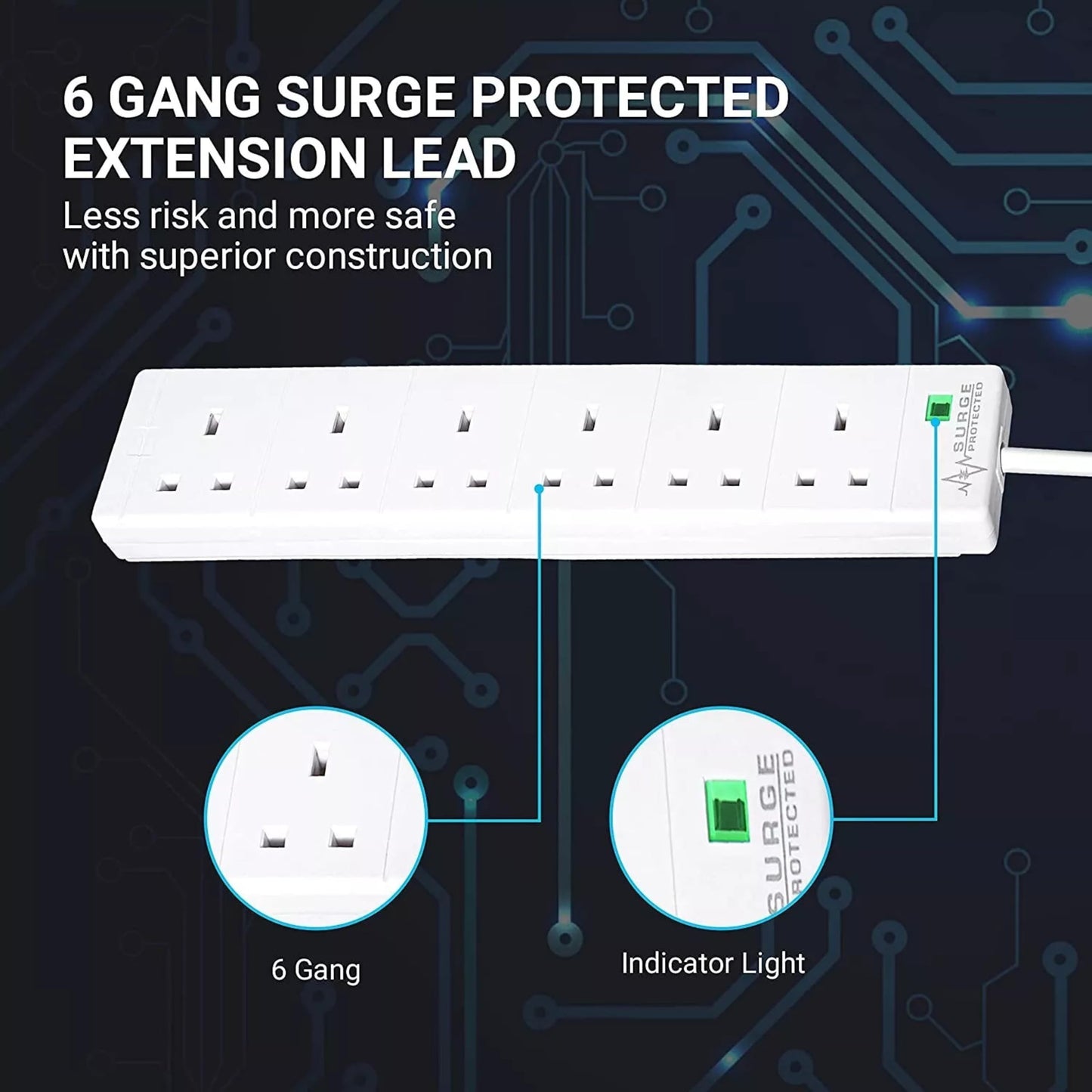 6-Way Extension Lead with Surge Protection – 2m Cable
