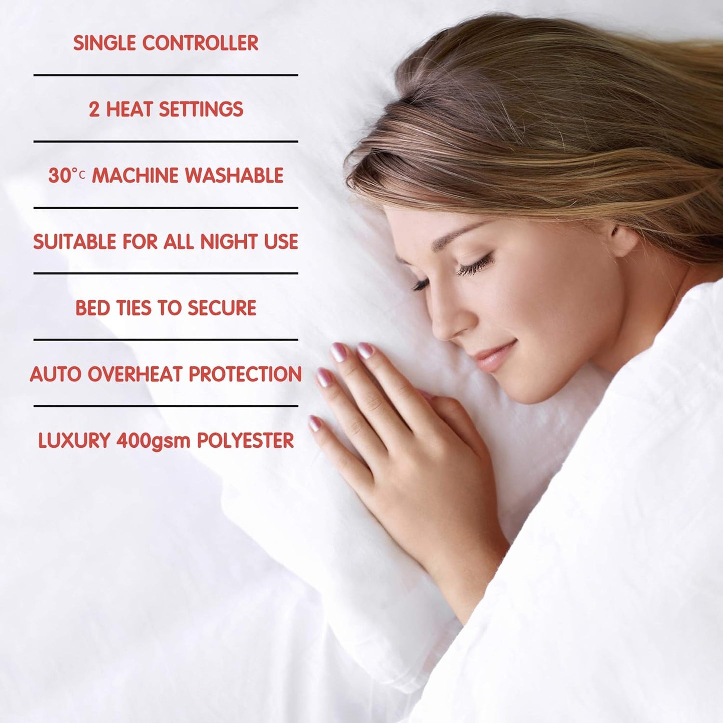 Electric Underblanket - Double Size, Dual Heat, Detachable Controller, Machine Washable