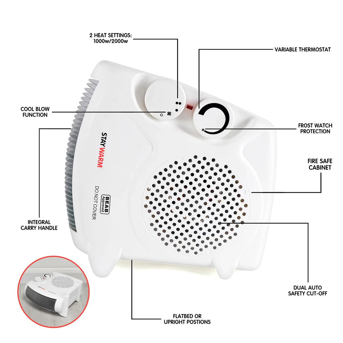2000W Fan Heater – Upright/Flatbed Design, 2 Heat Settings & Frost Watch