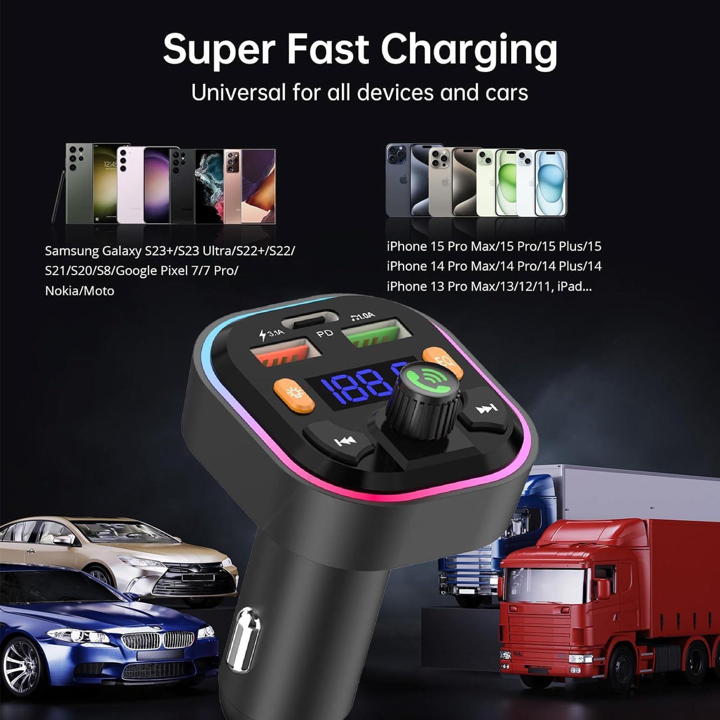 Bluetooth 5.0 FM Car Adaptor – Fast USB Charging, Hands-Free Calls, RGB Lights