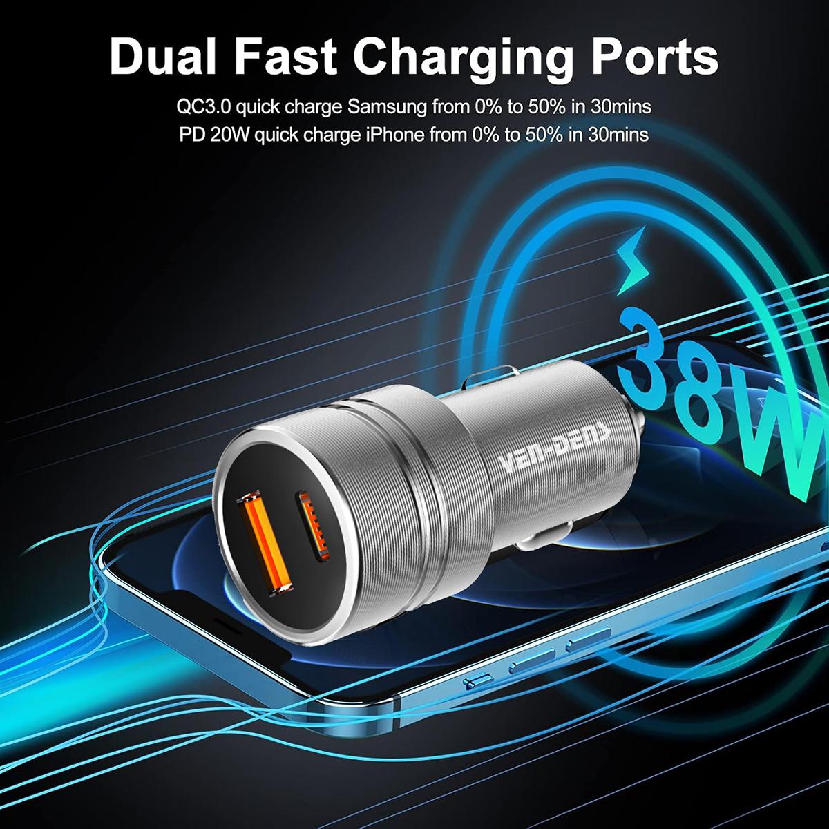 Dual-Port Car Charger – USB-C PD 30W + USB-A 18W, Fast & Safe