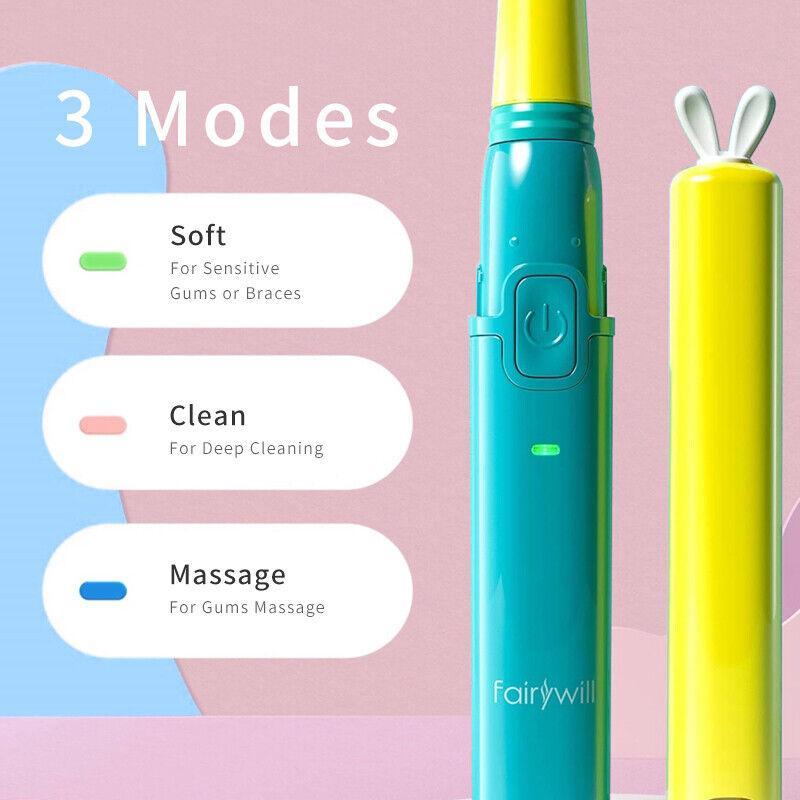 Kids Sonic Electric Toothbrush Rechargeable 3 Modes and 2 Heads