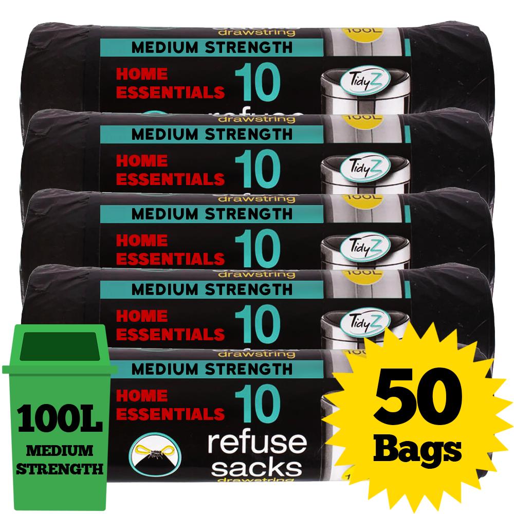 Tidyz 50 x 100L Refuse Sacks with Drawstring Closure Bin Bags