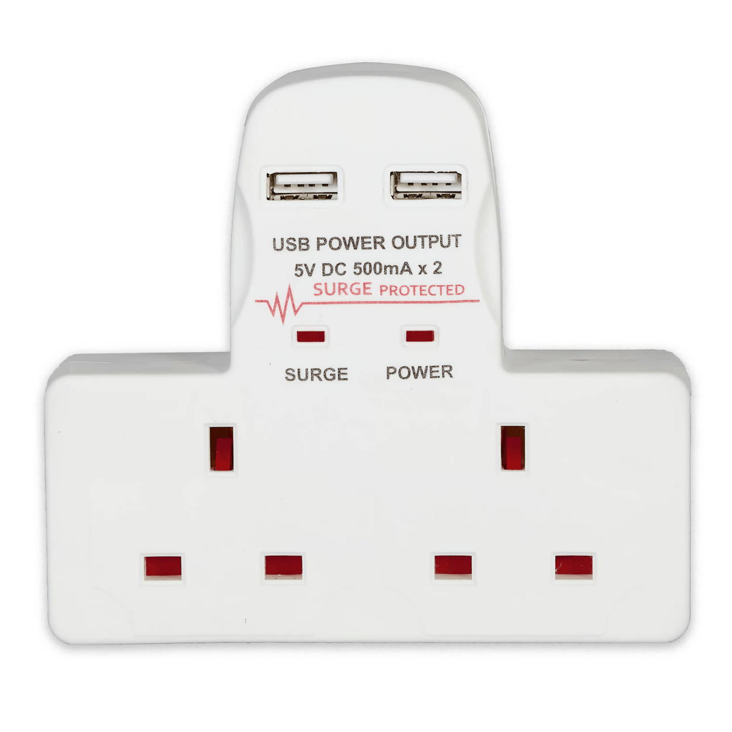 2-Way Surge Protected USB Adaptor – 2 Sockets + 2 USB Ports
