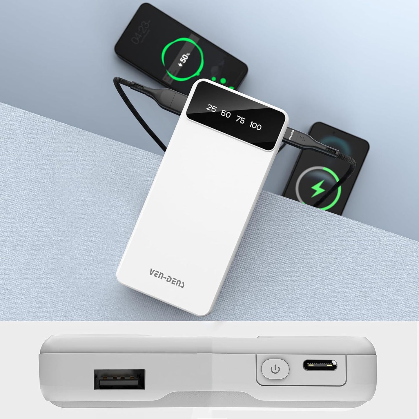 10,000 mAh 3-in-1 Power Bank – Built-In Cables (Lightning, USB-C, Micro-USB), LED Display