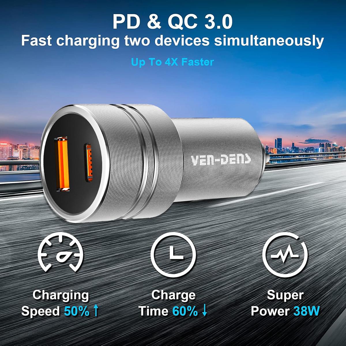 Dual-Port Car Charger – USB-C PD 30W + USB-A 18W, Fast & Safe