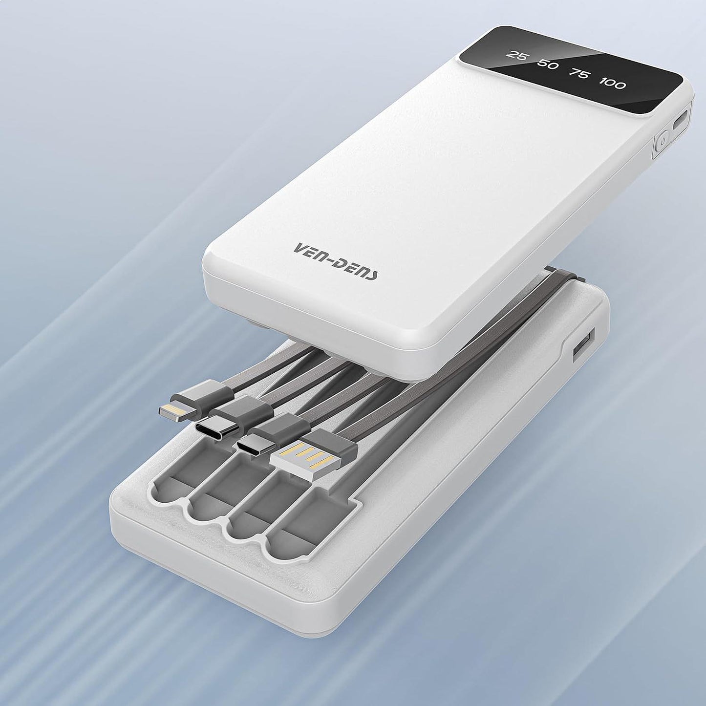 10,000 mAh 3-in-1 Power Bank – Built-In Cables (Lightning, USB-C, Micro-USB), LED Display