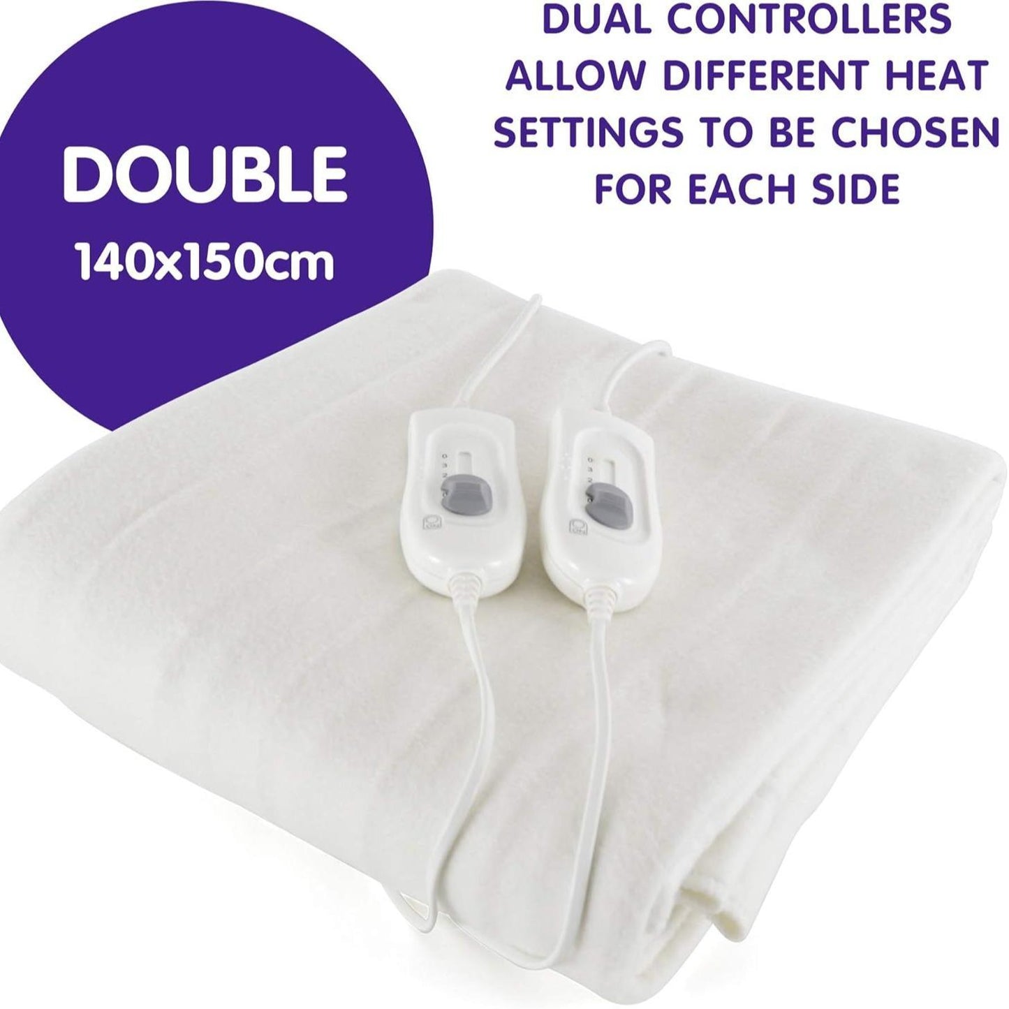 Electric Underblanket - Double Size, Dual Heat, Detachable Controller, Machine Washable