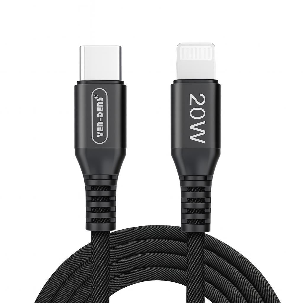 Black Fast-Charge Cables – USB-C, Lightning & Type-C, 1-Year Warranty