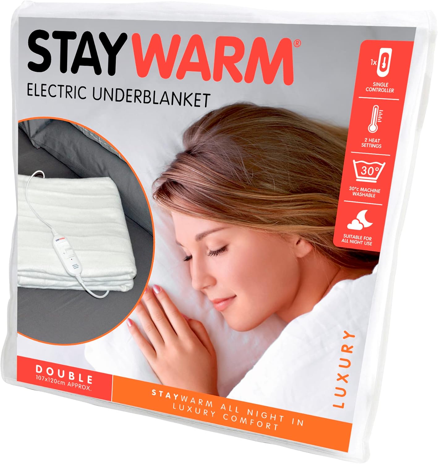 Electric Underblanket - Double Size, Dual Heat, Detachable Controller, Machine Washable