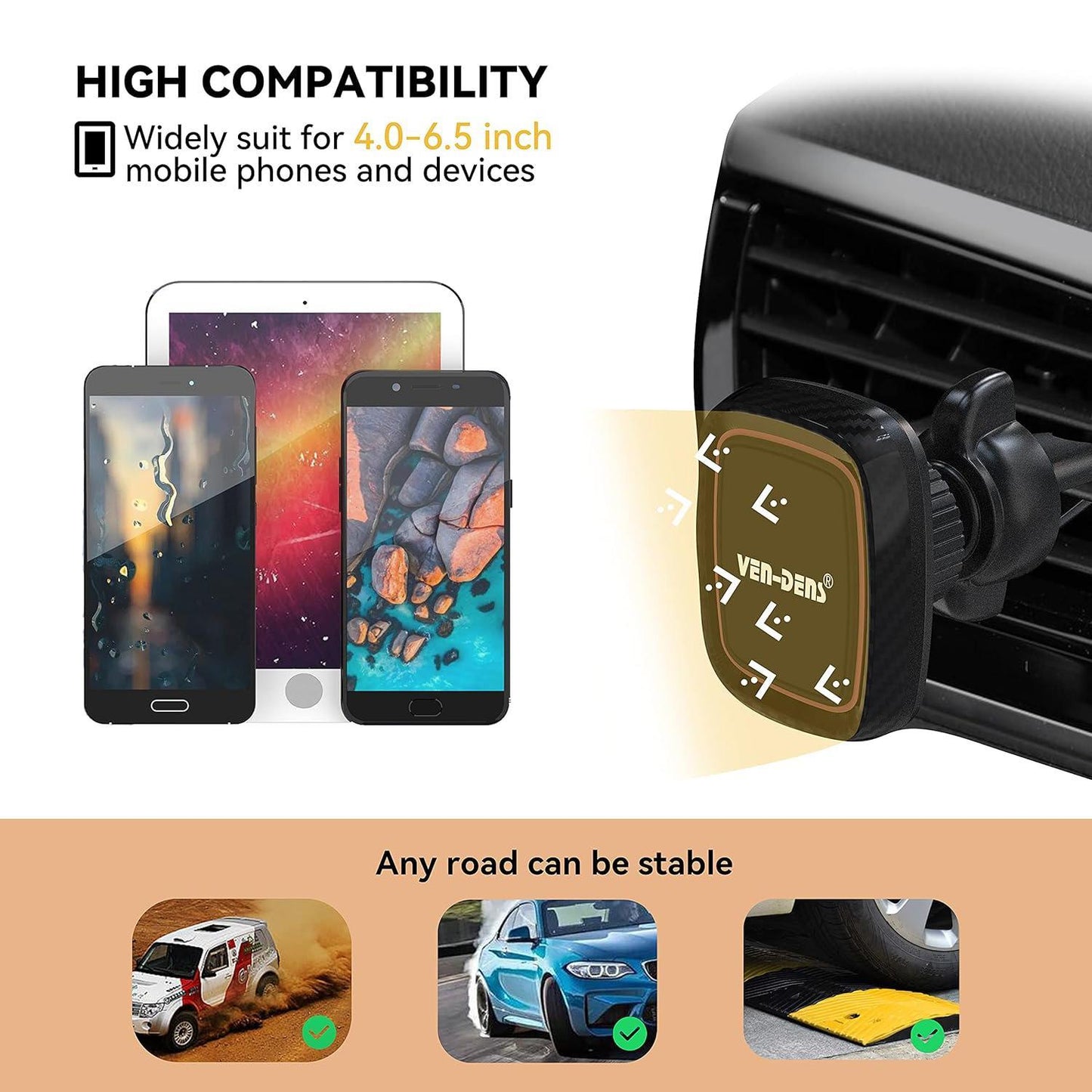 Magnetic Car Air Vent Phone Holder – 360° Rotation, Cable Clip