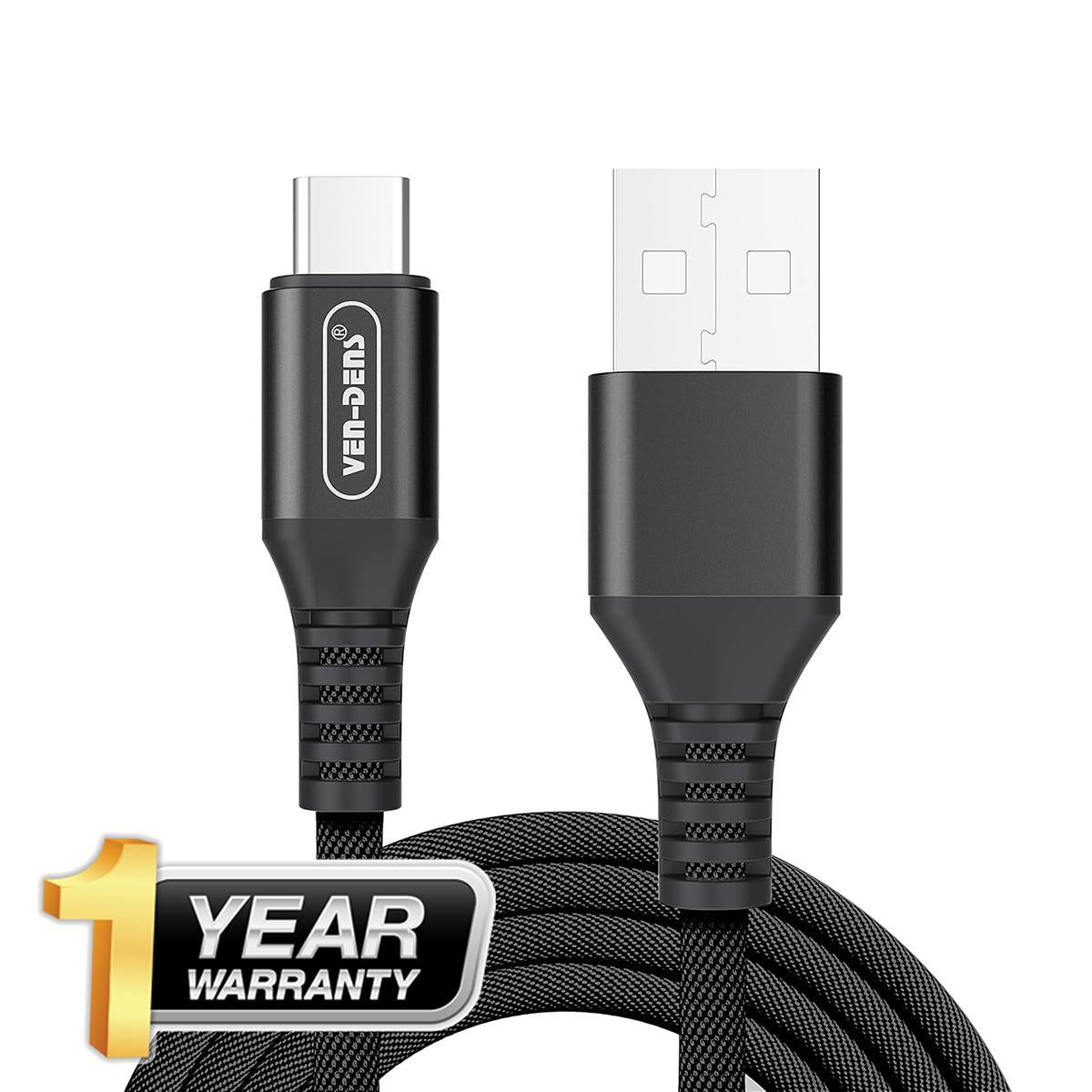 Black Fast-Charge Cables – USB-C, Lightning & Type-C, 1-Year Warranty