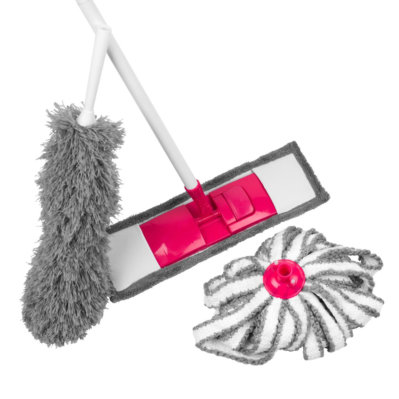 Kleeneze 4-Piece Cleaning Set with Flat Mop, Microfibre Duster, Mop Head and Interchangeable Handle - Grey/Pink
