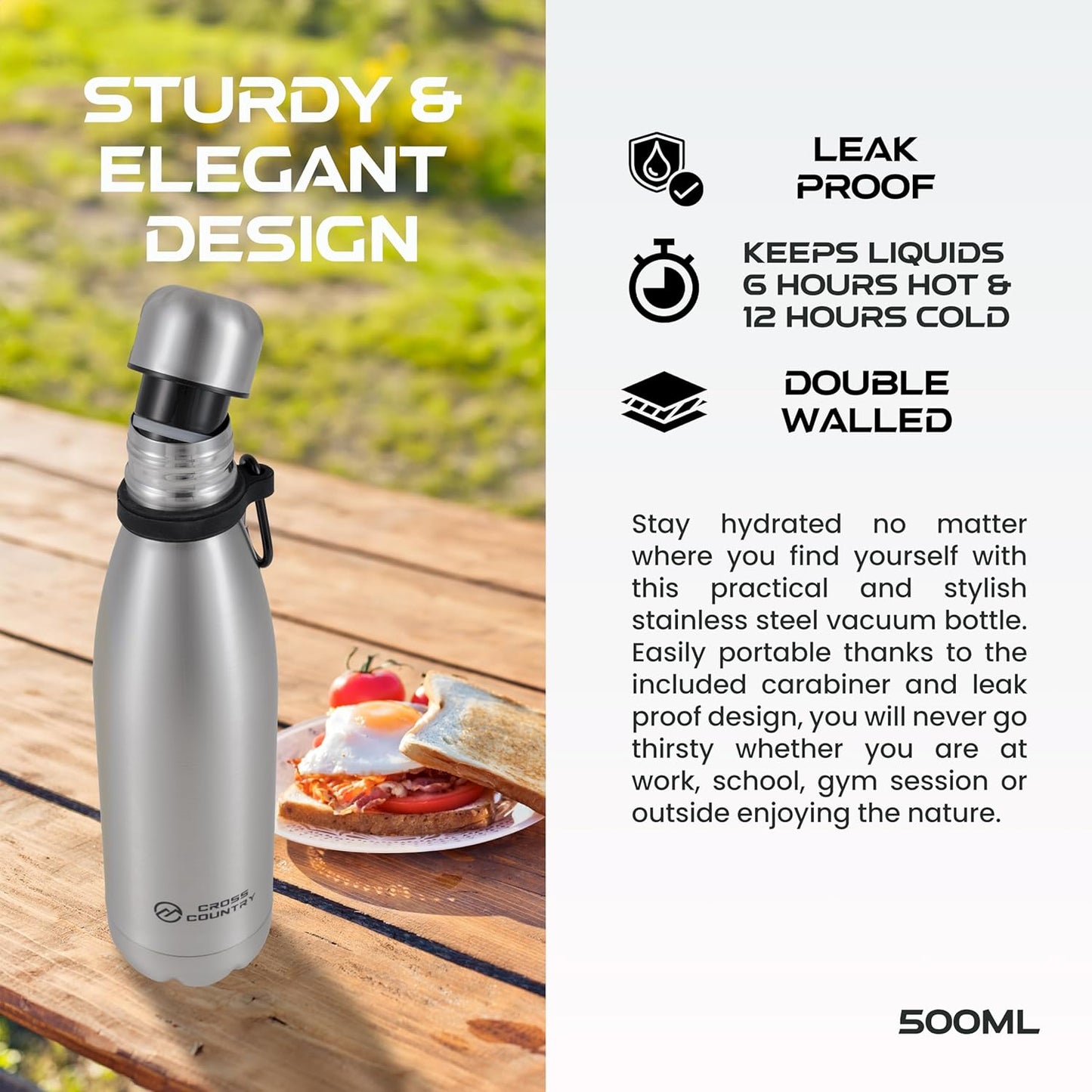 CROSS COUNTRY Insulated Vacuum Bottle 500ml - Leak Proof, Double Wall Insulation, Sweat Free - Bottled, Drinkware, Stainless Steel Water Bottle