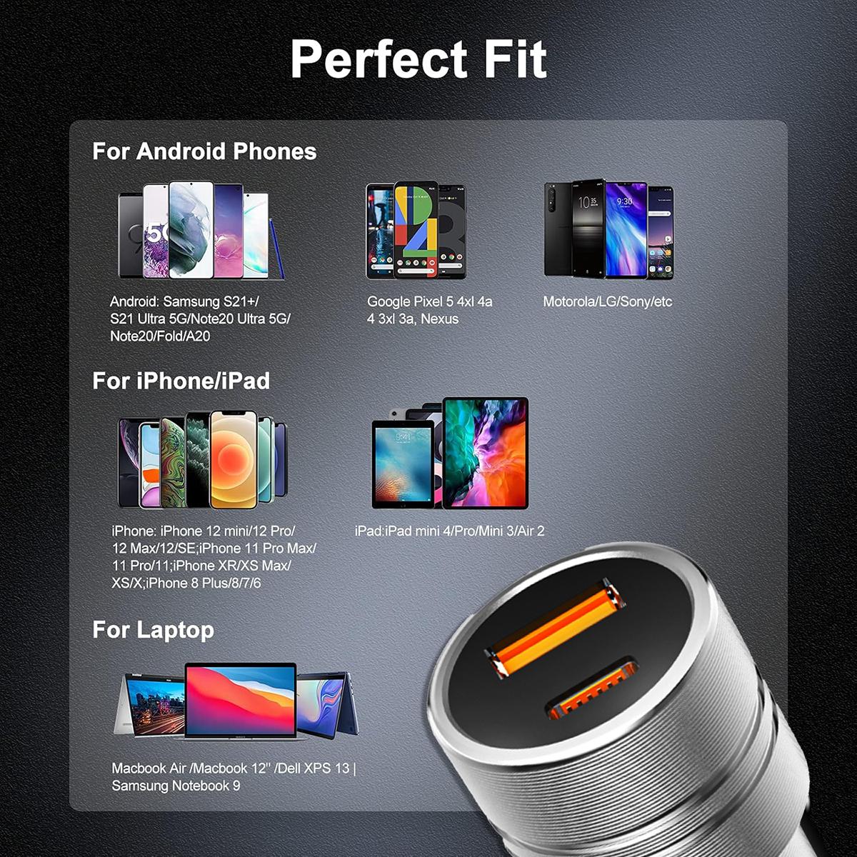 Dual-Port Car Charger – USB-C PD 30W + USB-A 18W, Fast & Safe