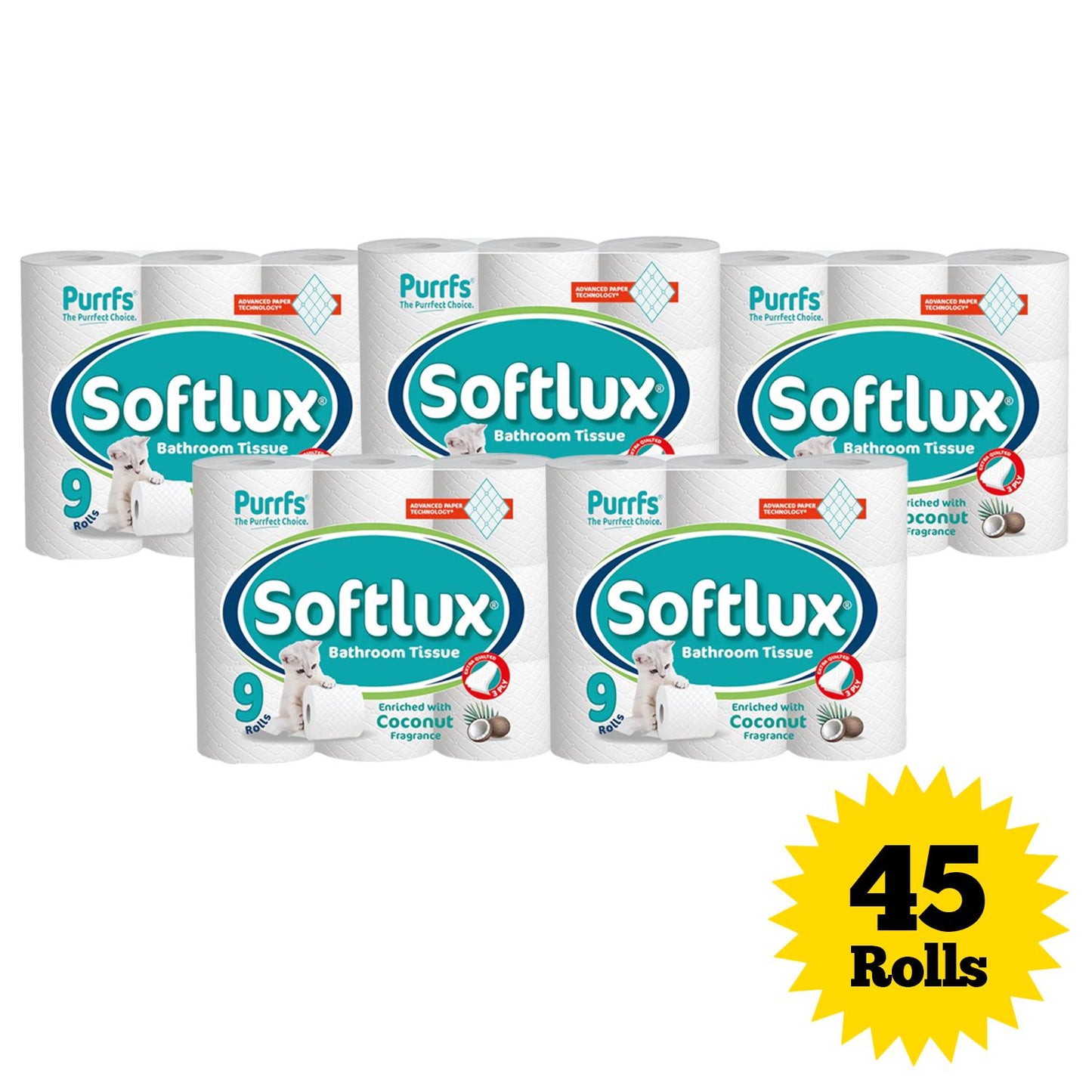Purrfs Softlux White Toilet Paper 45 Rolls Pack of 5 x 9 Rolls 3 Ply Luxury Premium Quality Perfect Clean Soft Thick Toilet Papers for Kids Adults Wipes 45 Rolls disposable bathroom toilet paper & wipes