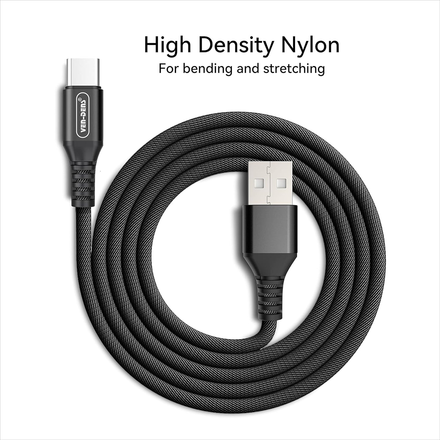 Black Fast-Charge Cables – USB-C, Lightning & Type-C, 1-Year Warranty