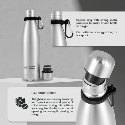 CROSS COUNTRY Insulated Vacuum Bottle 500ml - Leak Proof, Double Wall Insulation, Sweat Free - Bottled, Drinkware, Stainless Steel Water Bottle