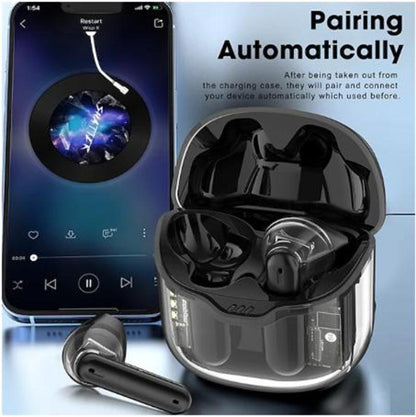 Naked Design TWS Earbuds – Bluetooth 5.3, Clear Case, Deep Bass, All-Day Comfort