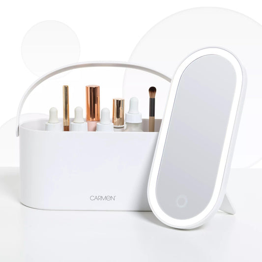 Portable LED Cosmetic Storage Case – Mirror, Dimming, USB Rechargeable