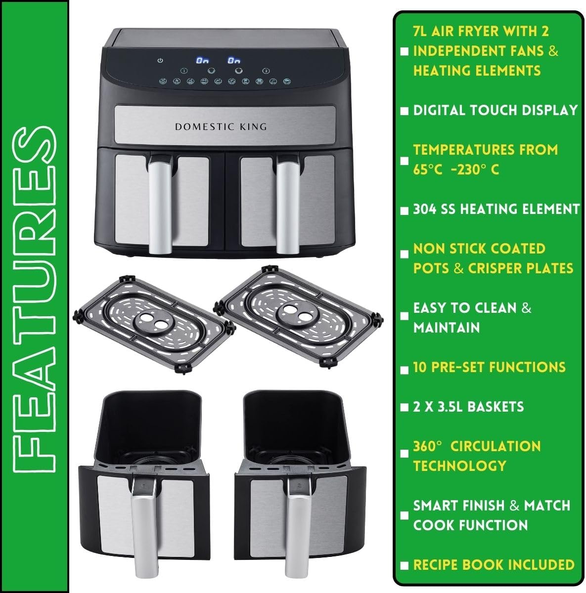 7L Dual Basket Air Fryer – 2400W, 10 Presets, Smart Sync Finish