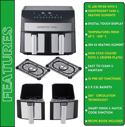 7L Dual Basket Air Fryer – 2400W, 10 Presets, Smart Sync Finish