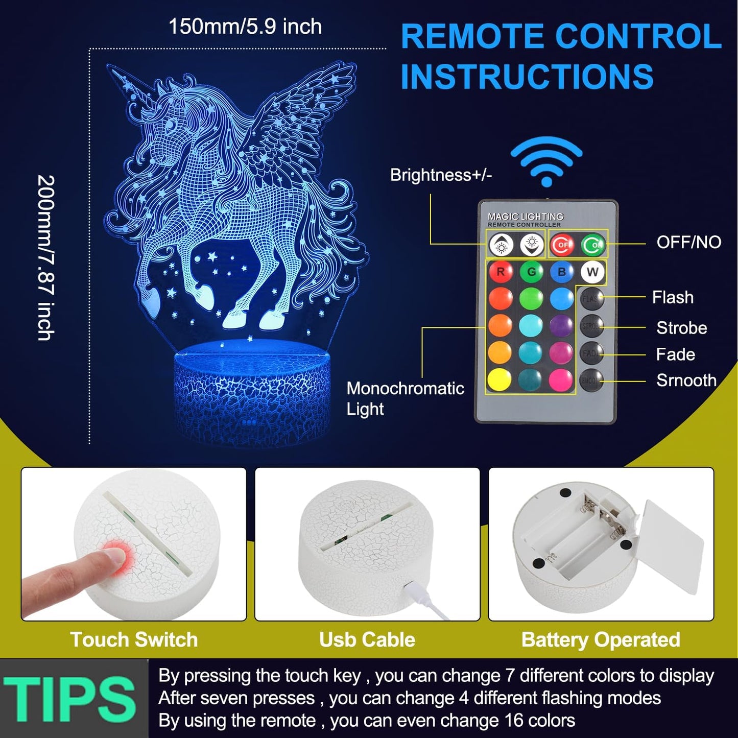 3D Unicorn LED Night Light – Remote & Touch Control, 16-Color Changing