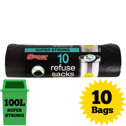 Tidyz 10 x 100L Refuse Sacks Medium Strength and Extra Strong with Drawstring Closure Bin Bags