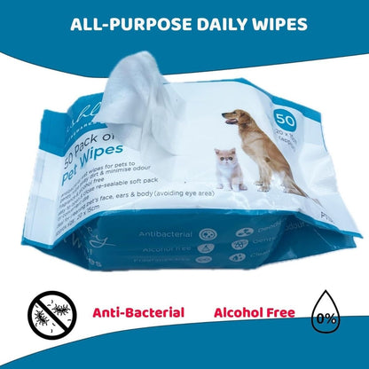 Pet Wipes – Gentle Grooming & Hygiene, 50 Pack for Dogs & Cats