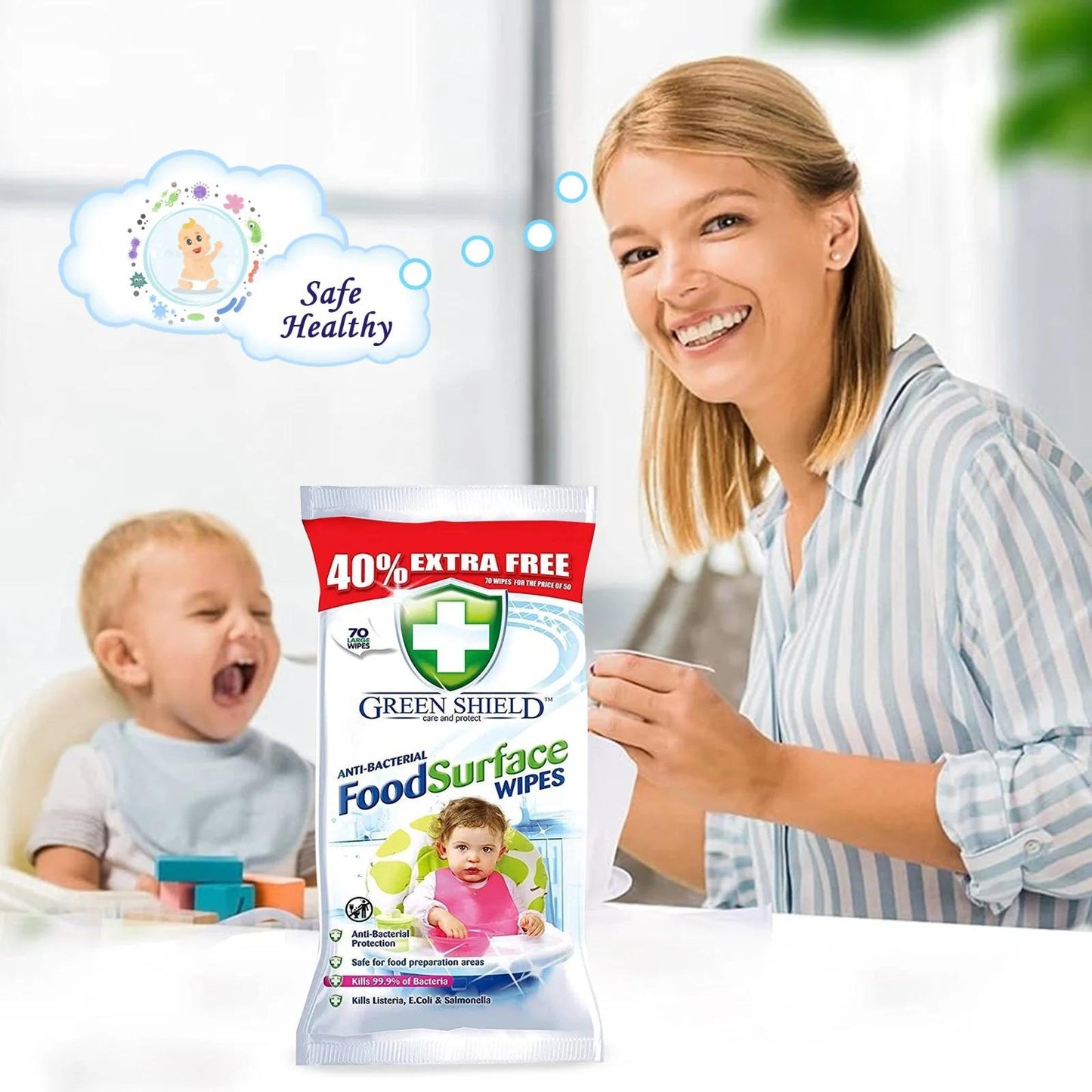 Food Surface Wipes – 70 Pack, Antibacterial & Kitchen Safe