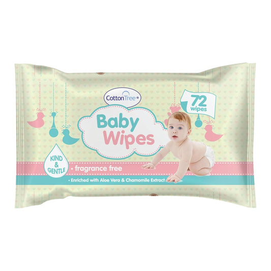 Baby Wipes Fragrance Free – 72 Pack with Aloe Vera & Chamomile